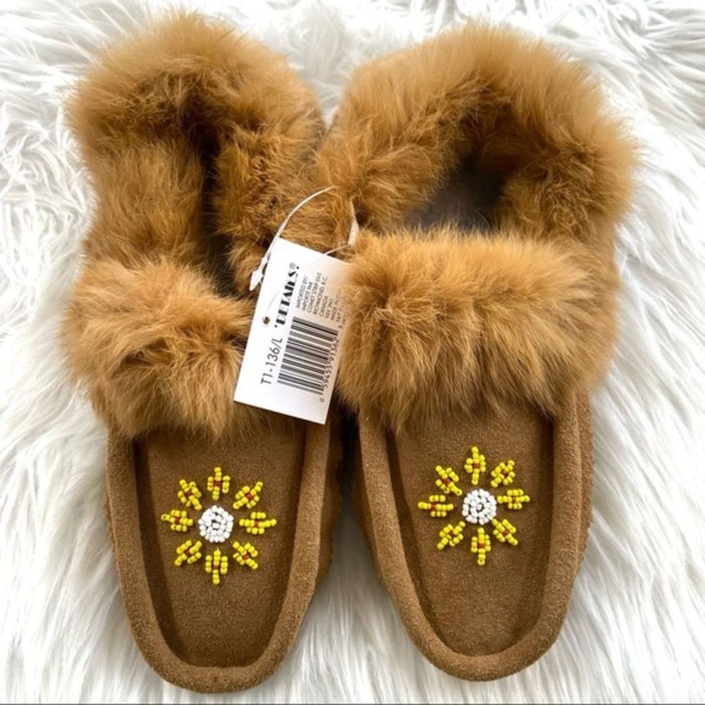 New Ladies full leather and rabbit fur moccasins